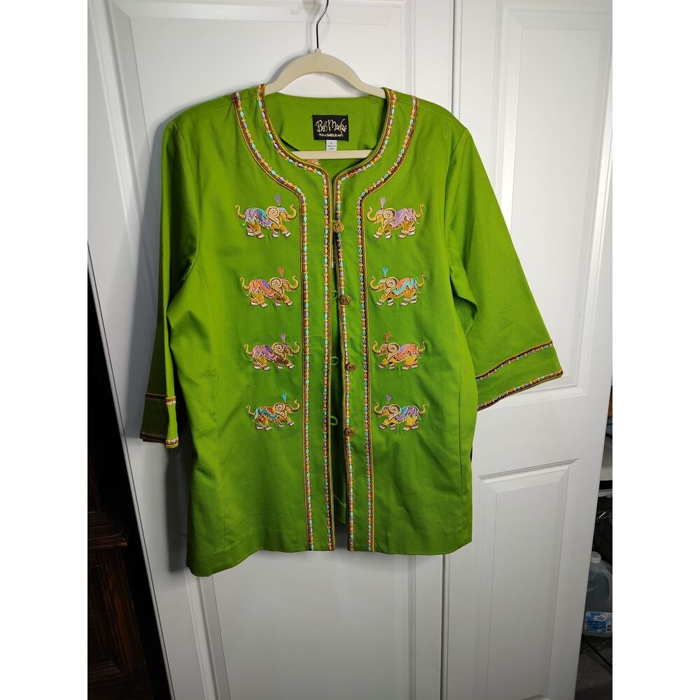 BOB MACKIE WEARABLE ART, WOMENS JACKET, GREEN ELEPHANT THEME SZ Large READ DESC